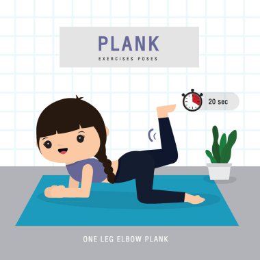 Plank Egzersizi. Planking egzersizi yapan ve evde yoga eğitimi alan bir kadın, ev konseptinde kalır. Karakter Çizgi film Vektörü illüstrasyonu