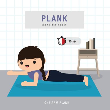 Plank Egzersizi. Planking egzersizi yapan ve evde yoga eğitimi alan bir kadın, ev konseptinde kalır. Karakter Çizgi film Vektörü illüstrasyonu