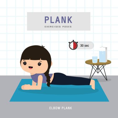 Plank Egzersizi. Planking egzersizi yapan ve evde yoga eğitimi alan bir kadın, ev konseptinde kalır. Karakter Çizgi film Vektörü illüstrasyonu
