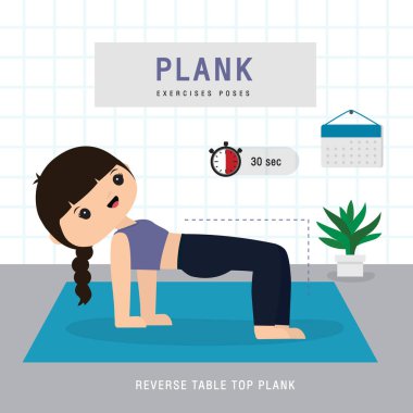 Plank Egzersizi. Planking egzersizi yapan ve evde yoga eğitimi alan bir kadın, ev konseptinde kalır. Karakter Çizgi film Vektörü illüstrasyonu