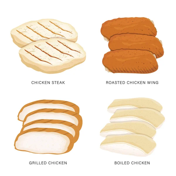 Zestaw Żywności Kurczak Plasterki Izolowane Białym Tle Ilustracja Wektora Kreskówek — Wektor stockowy