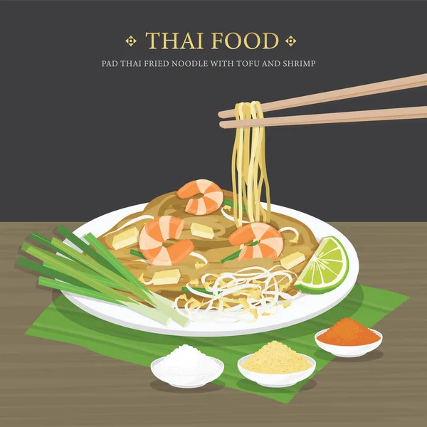 Set Traditionelles Thailändisches Essen Pad Thai Gebratene Nudeln Mit Tofu lizenzfreie Stockvektoren