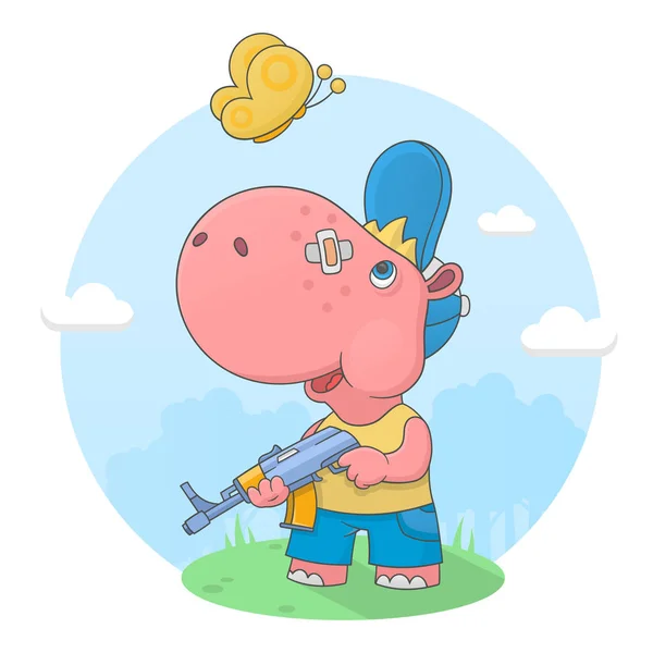 Small hippo with a gun — Stock Vector