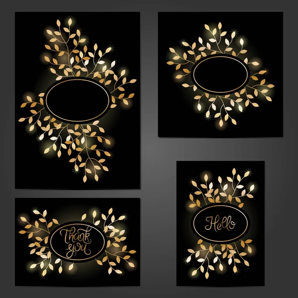 Collection of vintage cards with gold floral decoration on black background. Typographic template for your text. — Stock Vector