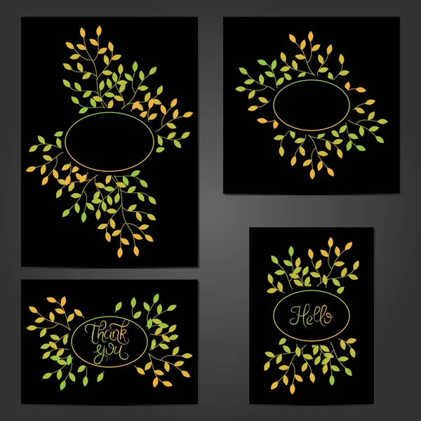 Collection of vintage cards with floral decoration on black background. Typographic template for your text. — Stock Vector