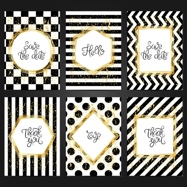 Colección de 6 plantillas de tarjetas vintage en colores blanco y negro y con marco dorado. Para la boda, el matrimonio, guardar las tarjetas de fecha, invitaciones, saludos . — Vector de stock