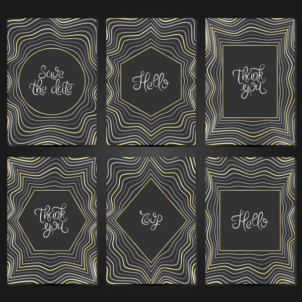 Colección de 6 plantillas de tarjetas vintage con marco geométrico. Para la boda, el matrimonio, guardar las tarjetas de fecha, invitaciones, saludos . — Vector de stock