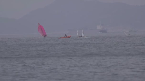 Виндсерфингисты практикуют в океане, корабль движется на заднем плане — стоковое видео