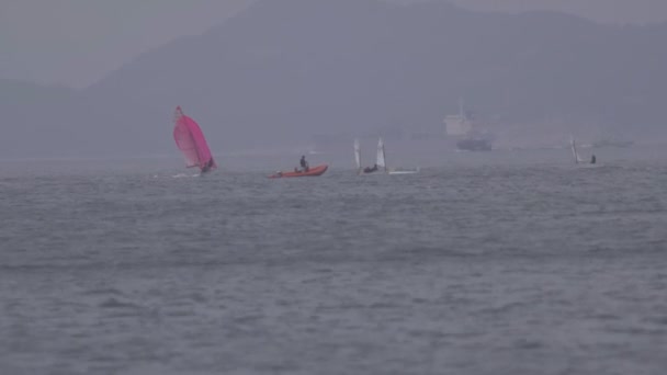 Surfers oefenen in de oceaan met schip op de achtergrond verplaatsen — Stockvideo