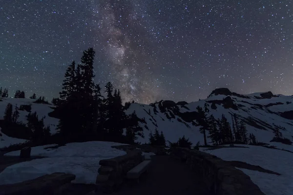 Starry night sky above snowy mountain