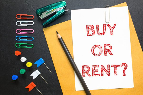 Text Buy or Rent on white paper background