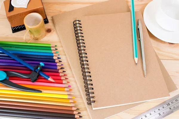 Blank Notebook Wooden Table Office Supplies Pen — Stockfoto