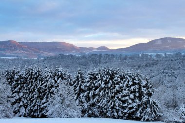 Kış manzarası, orman ve dağların karla kaplı olması..
