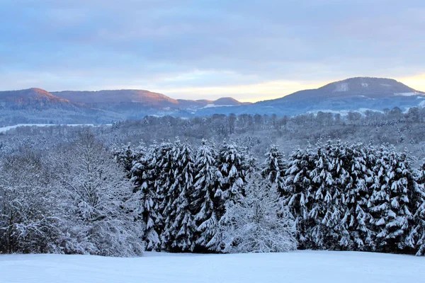 Paysage hivernal, forêt et montagnes dans la neige . — Photo