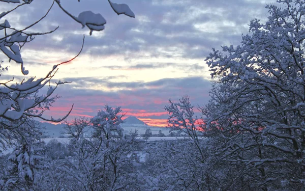 Téli táj, erdő és hegyek a hóban. — Stock Fotó