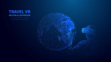 Abstract  man in  VR headset touches on Earth.