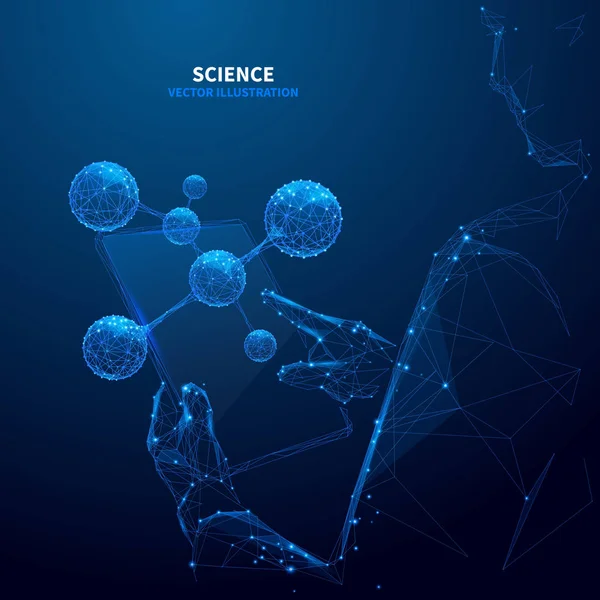 Jovem cientista tocando na visualização de uma molécula — Vetor de Stock