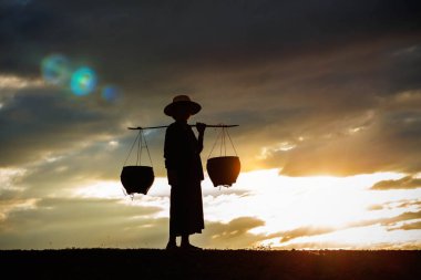 çiftçi bir alanda gün batımında.