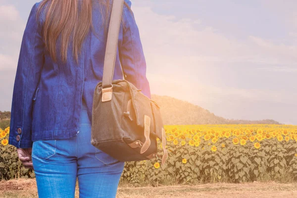 Hembra con campo de girasol . — Foto de Stock