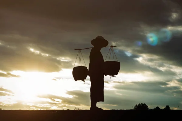 Los agricultores son cesta con siluetas . —  Fotos de Stock