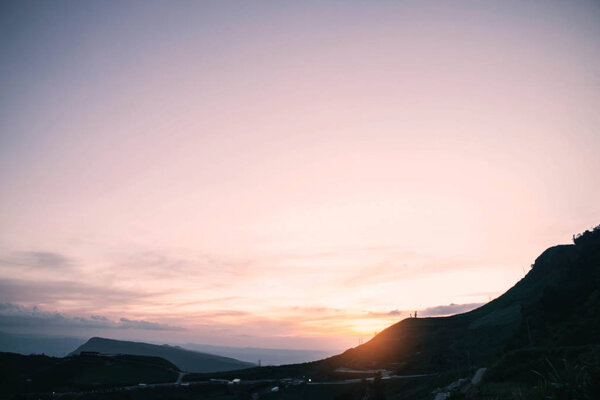 mountains at sunset.