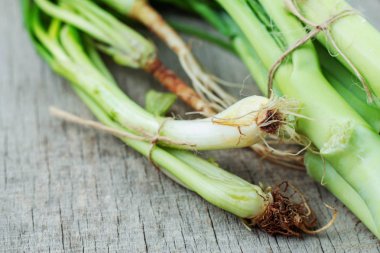 ahşap zemin üzerinde taze soğan.