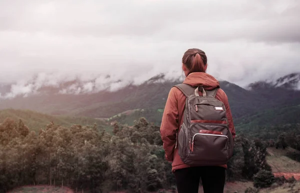 stock image Girl with traveling on mountain.