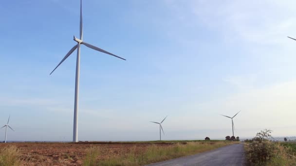 Luz Sol Campo Das Turbinas Eólicas Com Céu — Vídeo de Stock