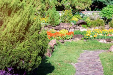 Bahçede güneş ışığıyla süslenmiş patika..