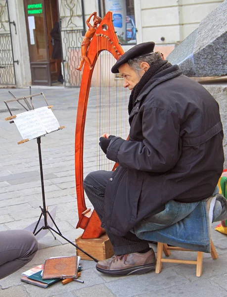 Viejo hombre está jugando arpa al aire libre en Bratislava, Eslovaquia —  Fotos de Stock