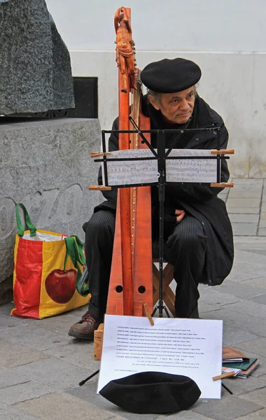 Gammal man spelar harpa utomhus i Bratislava, Slovakien — Stockfoto