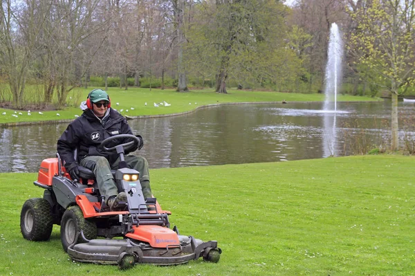 Worker is cutting grass on lawn mower in park — Stock Photo, Image