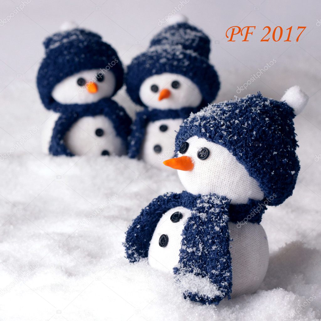 Happy new year PF 2017 with three snowmen - color white and blue