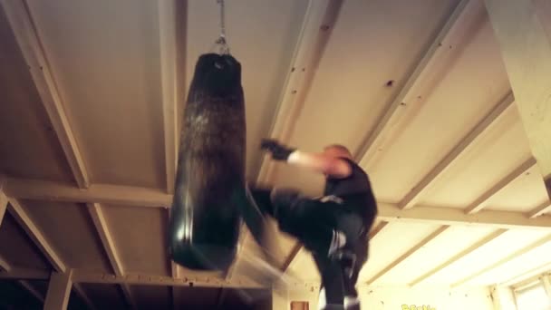 Férfi sportoló boxer boxzsák egy sötét stúdióban drámai éles világítással — Stock videók