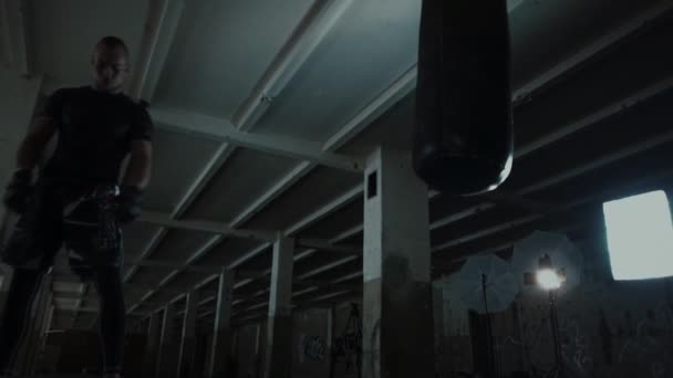 Mužské sportovce boxer boxovací pytel s dramatickým nervózní osvětlení v temné studio — Stock video