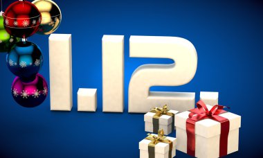 1 takvim 12 Tarih hediye kutusu Noel ağacı topları 3d çizim