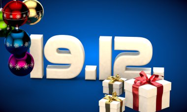 19 takvim 12 Tarih hediye kutusu Noel ağacı topları 3d çizim