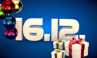 16 takvim 12 Tarih hediye kutusu Noel ağacı topları 3d çizim