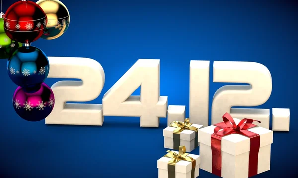 24 12 ημερομηνία ημερολογίου δώρο κουτί χριστουγεννιάτικο δέντρο μπάλες 3d απεικόνιση — Φωτογραφία Αρχείου