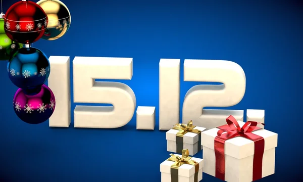 15 12 Datum Kalender Geschenkbox Weihnachtsbaum Kugeln 3D-Illustration — Stockfoto