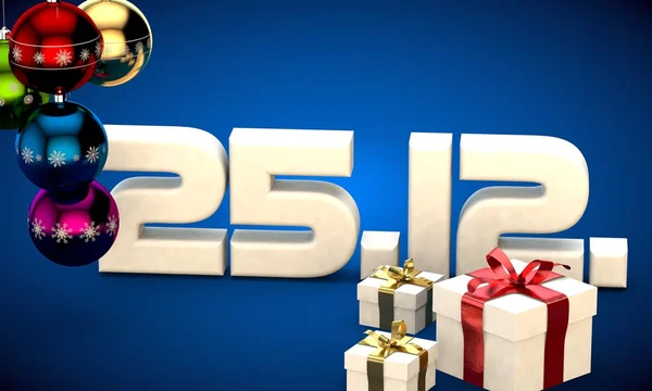 25 12 Datum Kalender Geschenkbox Weihnachtsbaum Kugeln 3D-Illustration — Stockfoto