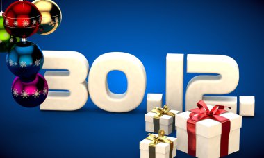 30 takvim 12 Tarih hediye kutusu Noel ağacı topları 3d çizim