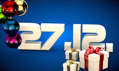 27 takvim 12 Tarih hediye kutusu Noel ağacı topları 3d çizim