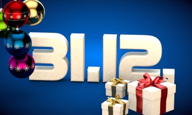31 takvim 12 Tarih hediye kutusu Noel ağacı topları 3d çizim