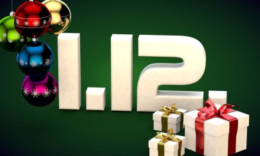 1 takvim 12 Tarih hediye kutusu Noel ağacı topları 3d çizim