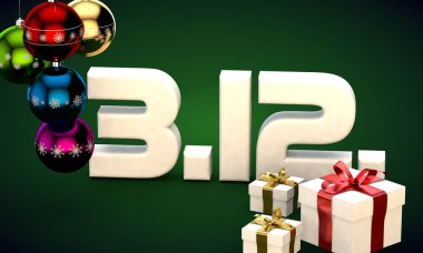 3 takvim 12 Tarih hediye kutusu Noel ağacı topları 3d çizim