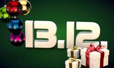 13 takvim 12 Tarih hediye kutusu Noel ağacı topları 3d çizim