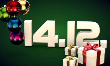 14 takvim 12 Tarih hediye kutusu Noel ağacı topları 3d çizim