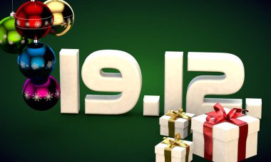 19 takvim 12 Tarih hediye kutusu Noel ağacı topları 3d çizim