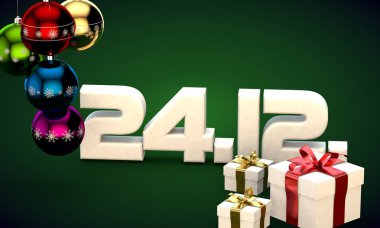 24 takvim 12 Tarih hediye kutusu Noel ağacı topları 3d çizim